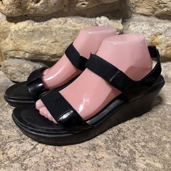 DANSKO Black Patent Leather Elastic Mid High Wedge Sandals W’s 42/10.5-11 - Picture 3 of 5